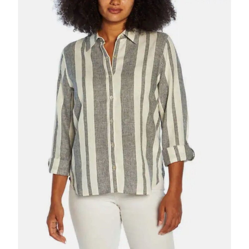 Orvis Linen Blend Shirt Striped Roll Tab Sleeve Women's Size Small Lightweight